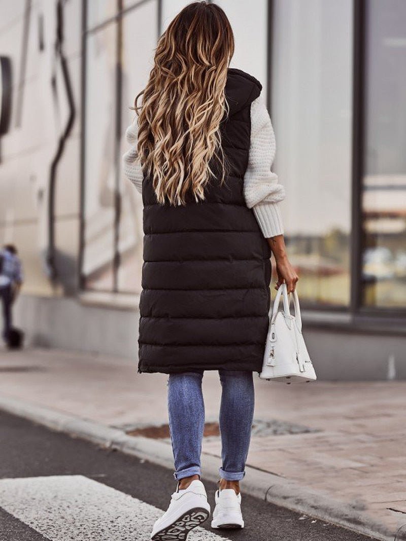 Women's Long Hooded Quilted Puffer Vest for Winter