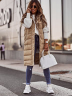 Women's Long Hooded Quilted Puffer Vest for Winter Beige
