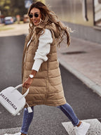 Women's Long Hooded Quilted Puffer Vest for Winter