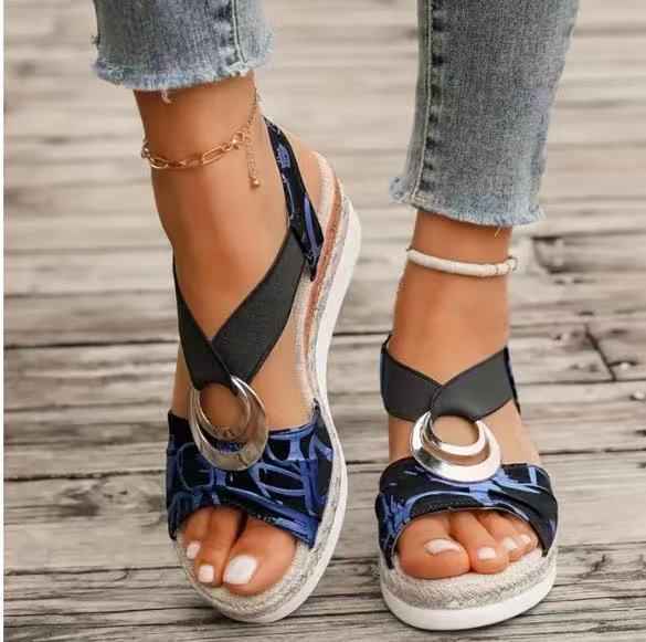 Platform Wedge Peep Toe Roman Sandals Black Blue