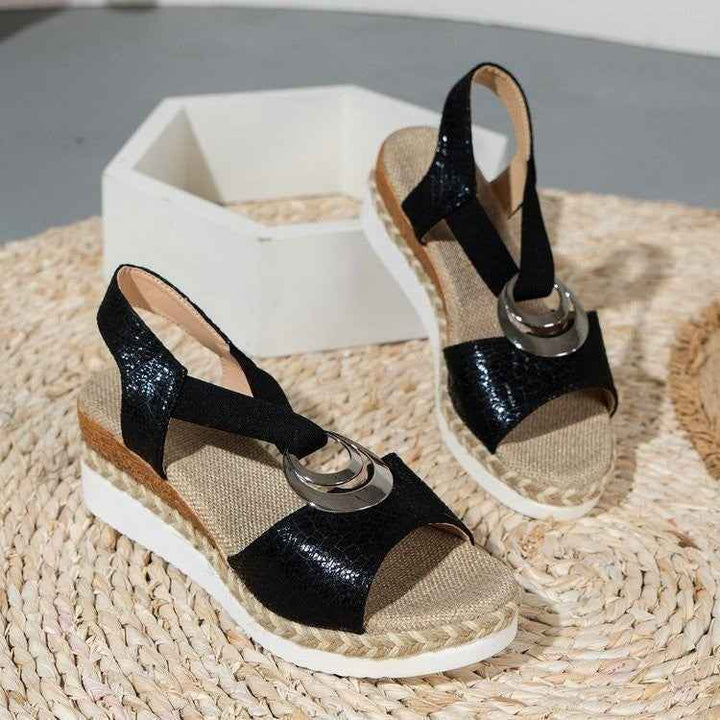 Platform Wedge Peep Toe Roman Sandals Black