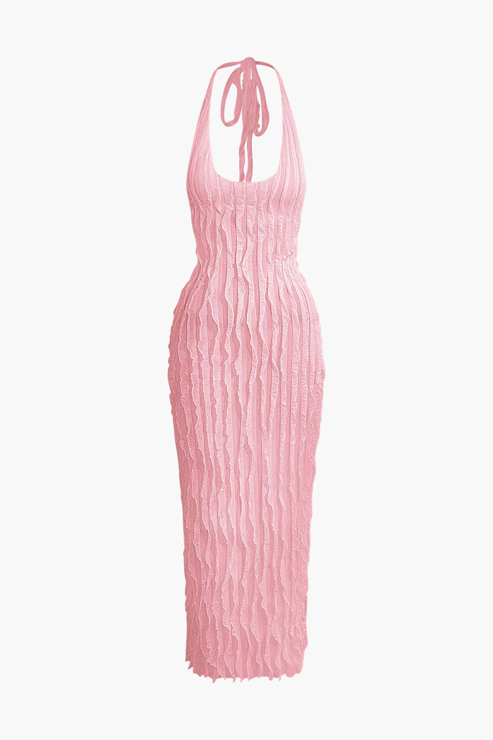 Elegant Maxi Dress for Women - Ruffles, Halter Open Back Design Pink