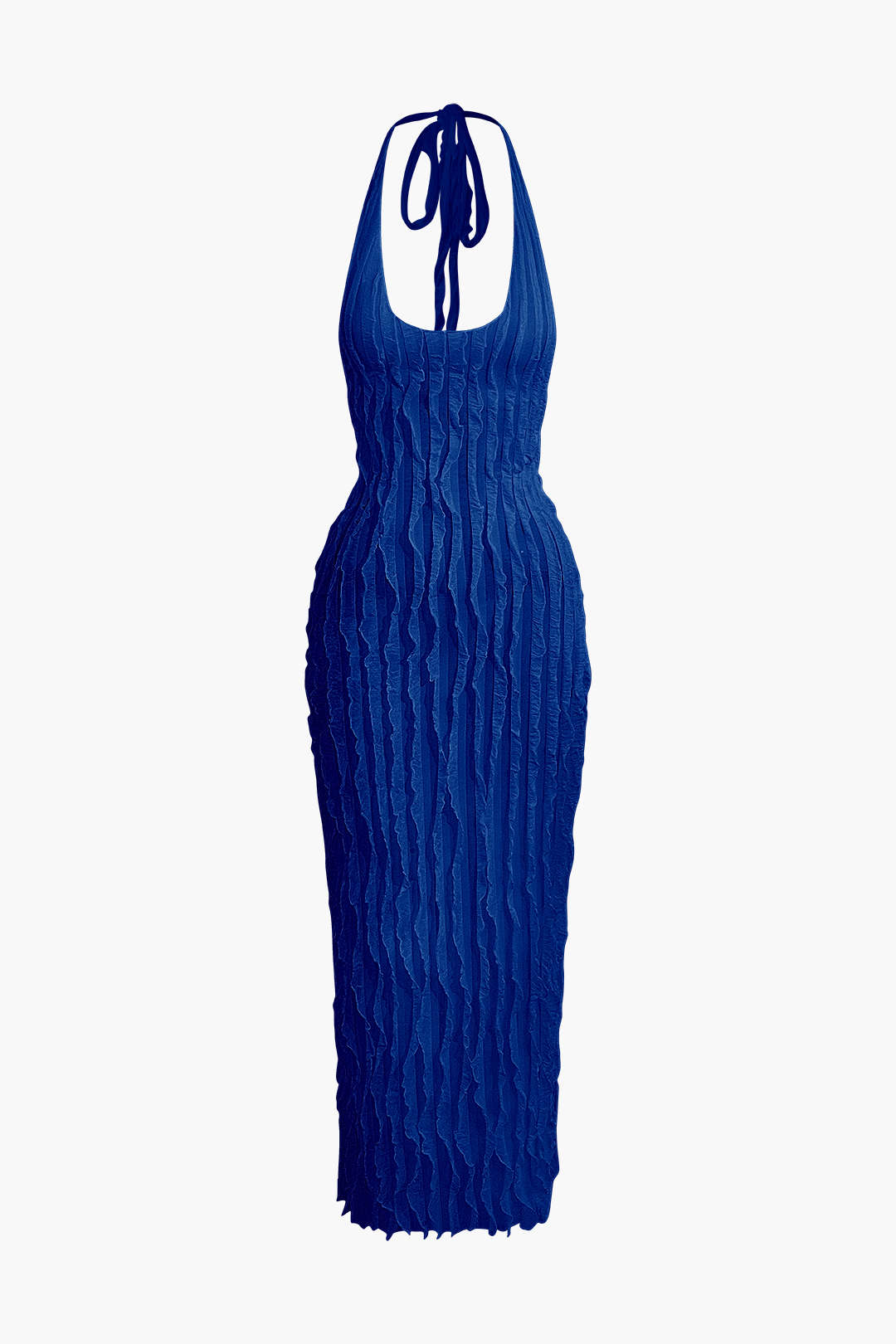 Elegant Maxi Dress for Women - Ruffles, Halter Open Back Design Blue