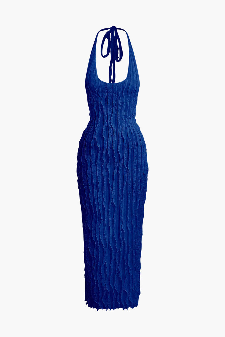 Elegant Maxi Dress for Women - Ruffles, Halter Open Back Design Blue