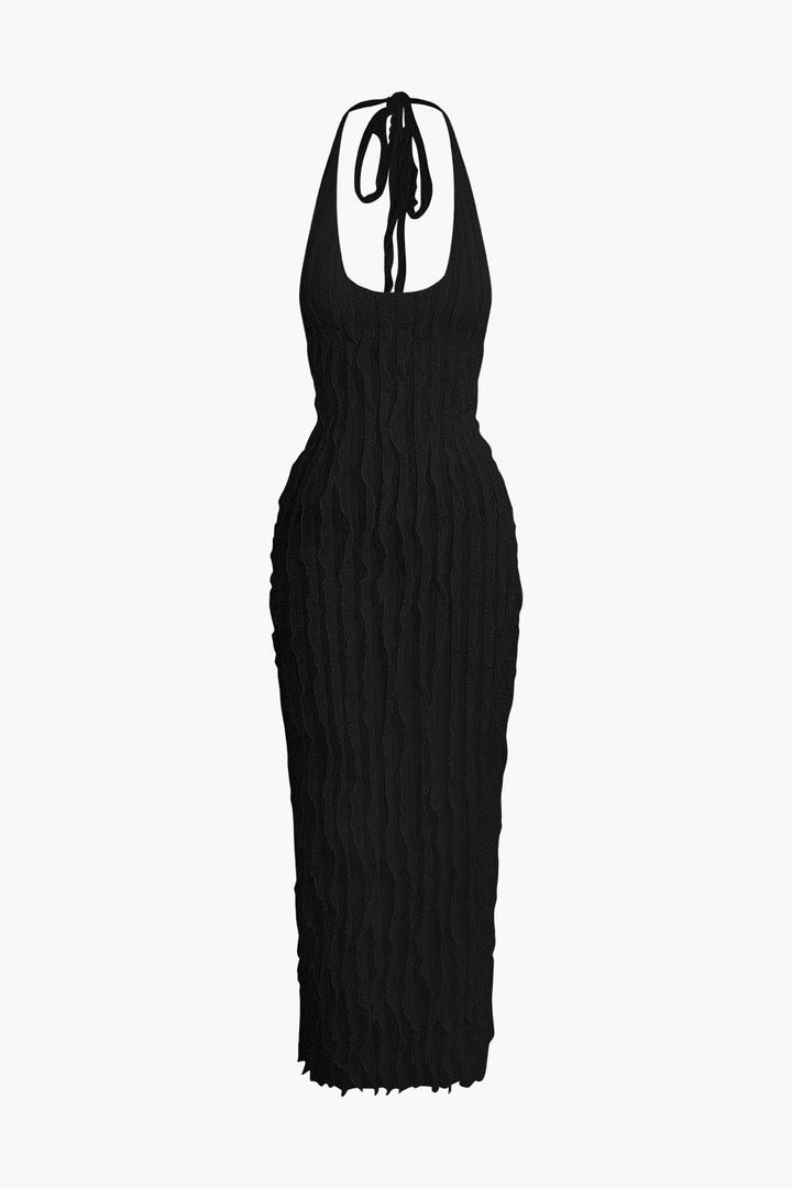 Elegant Maxi Dress for Women - Ruffles, Halter Open Back Design Black