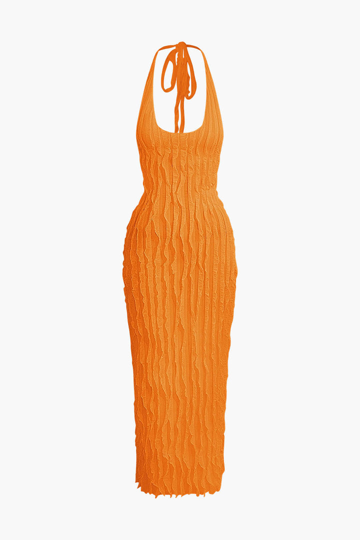 Elegant Maxi Dress for Women - Ruffles, Halter Open Back Design Orange