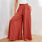 Women's High Waist Wide Leg Pants with Elastic Drawstring - Comfortable Fit Red