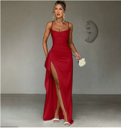 Lucia | Elegant Maxi Dress with High Slit Red