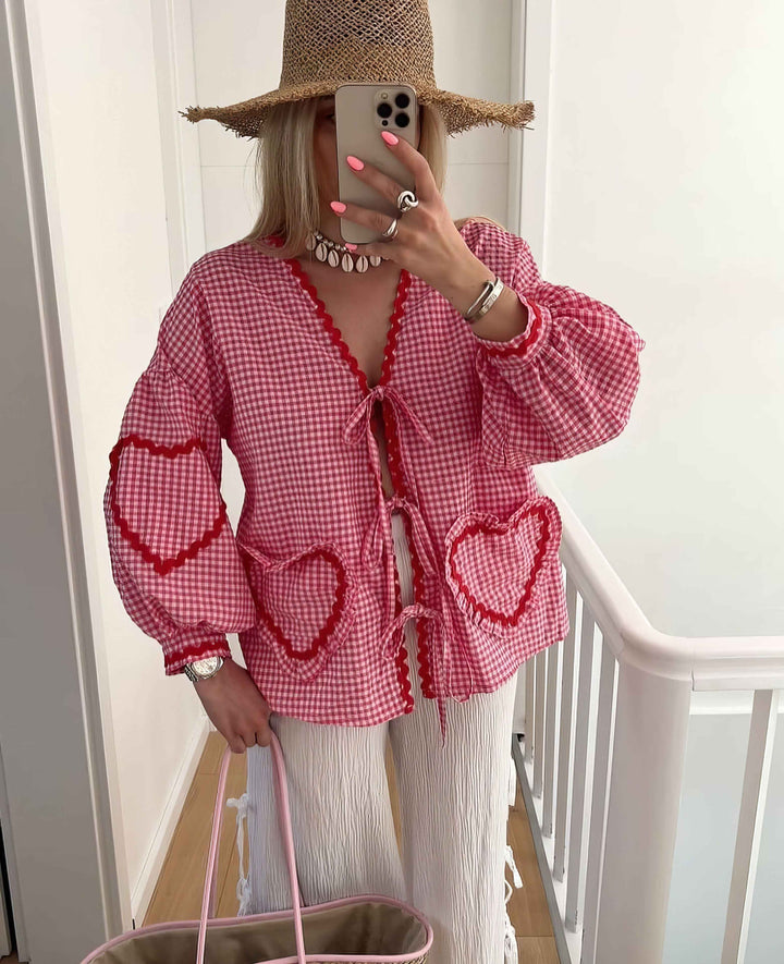 Women's Gingham Check Blouse - Loose Fit with Ruffles and Front Tie Red