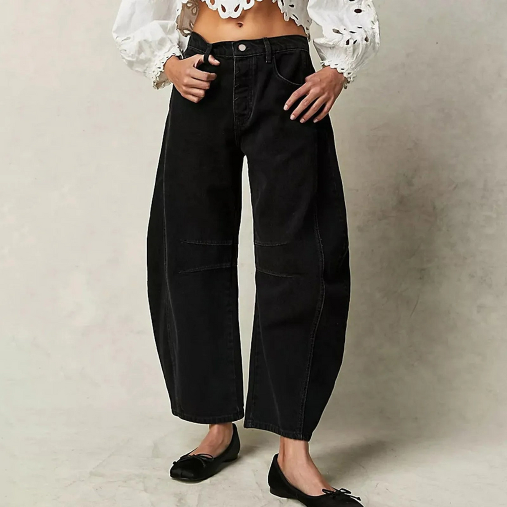 Women's Relaxed Barrel Leg Jeans with Curved Silhouette, Mid Rise Black
