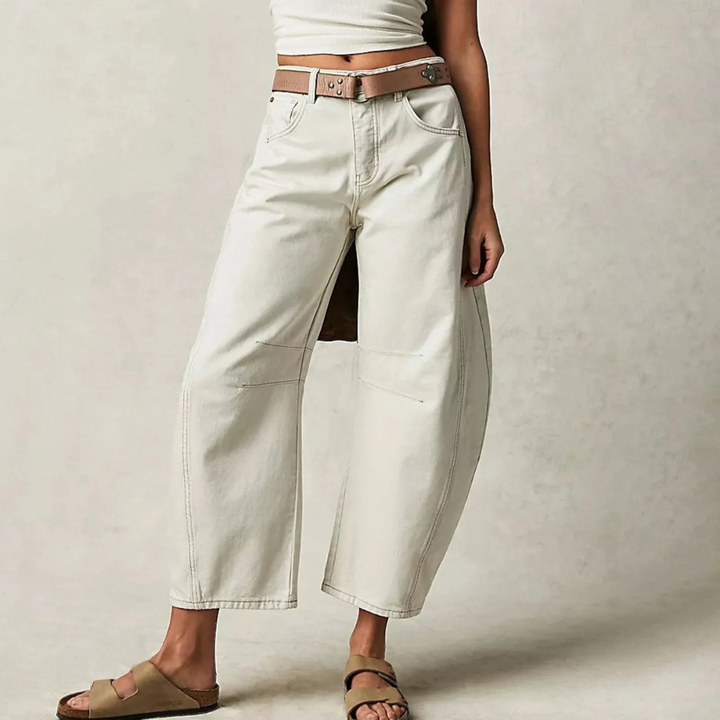 Women's Relaxed Barrel Leg Jeans with Curved Silhouette, Mid Rise White