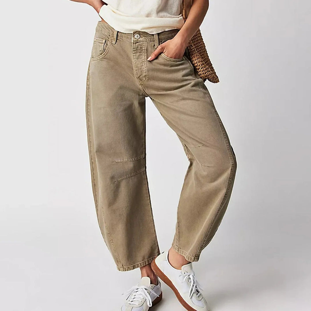 Women's Relaxed Barrel Leg Jeans with Curved Silhouette, Mid Rise Khaki