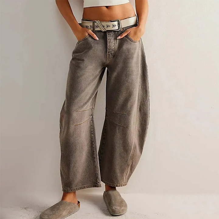 Women's Relaxed Barrel Leg Jeans with Curved Silhouette, Mid Rise Dark Gray