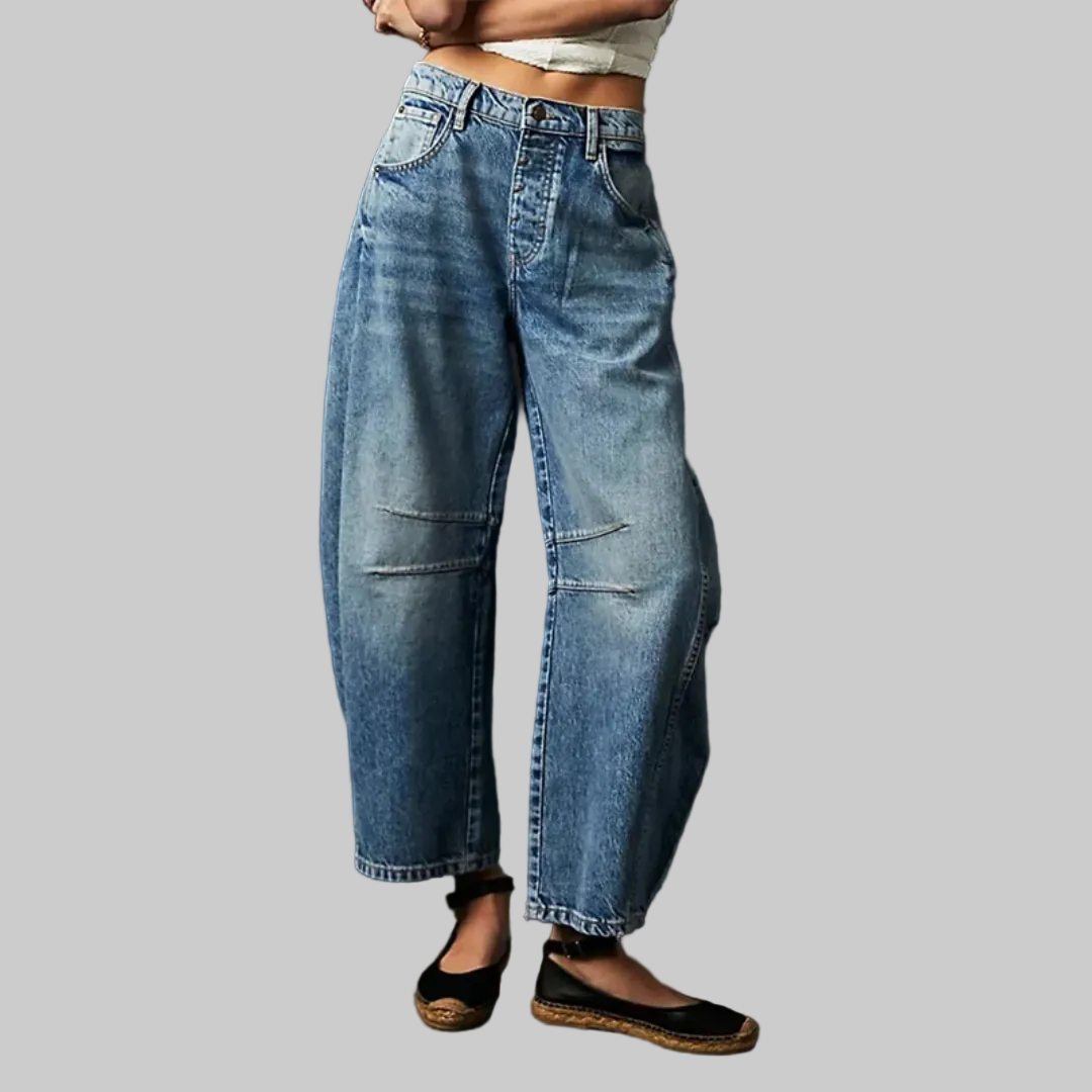 Women's Relaxed Barrel Leg Jeans with Curved Silhouette, Mid Rise Dark Blue