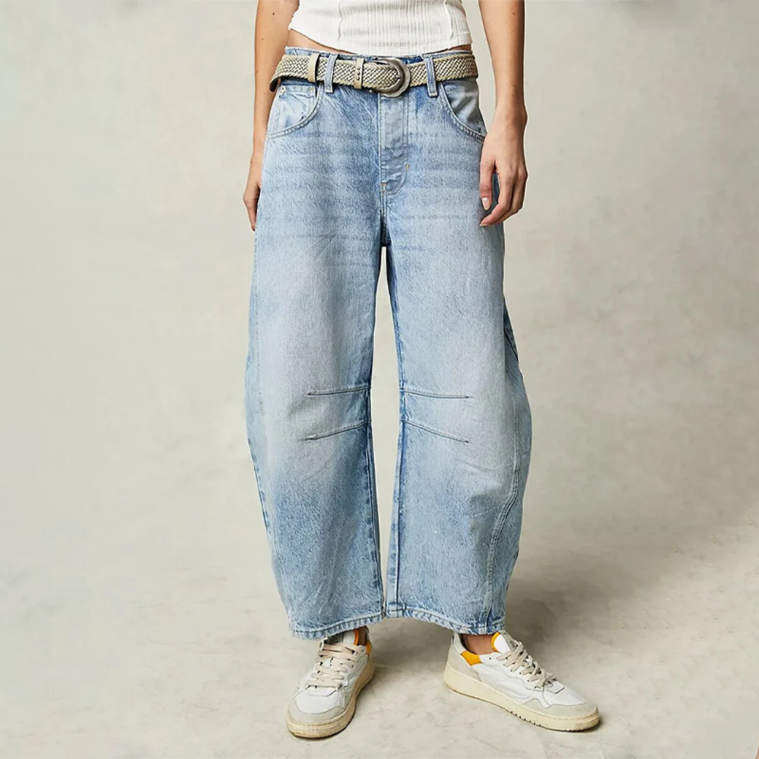 Women's Relaxed Barrel Leg Jeans with Curved Silhouette, Mid Rise Light Blue