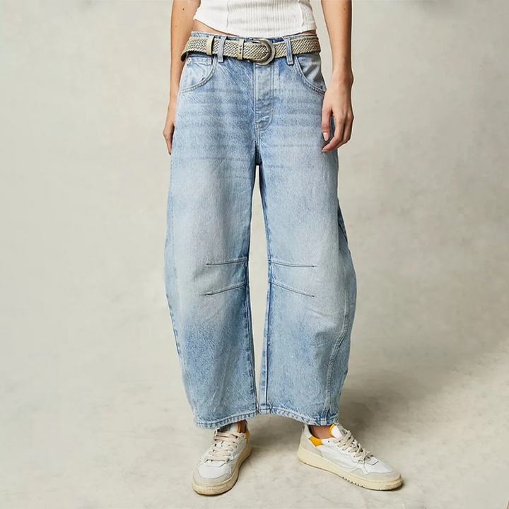 Women's Relaxed Barrel Leg Jeans with Curved Silhouette, Mid Rise Light Blue