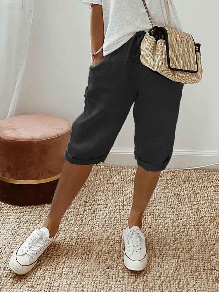 Women's Relaxed Linen Cropped Trousers with Elastic Waist Drawstring Black