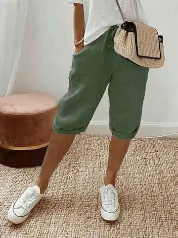 Women's Relaxed Linen Cropped Trousers with Elastic Waist Drawstring Green