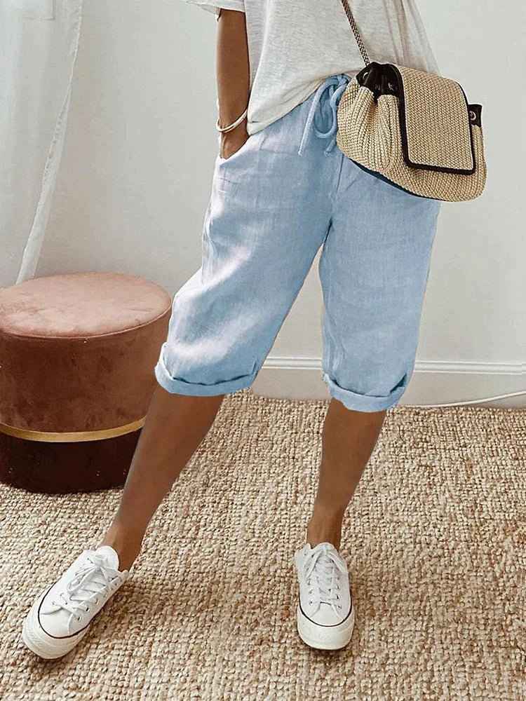 Women's Relaxed Linen Cropped Trousers with Elastic Waist Drawstring Blue