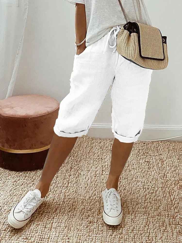 Women's Relaxed Linen Cropped Trousers with Elastic Waist Drawstring White