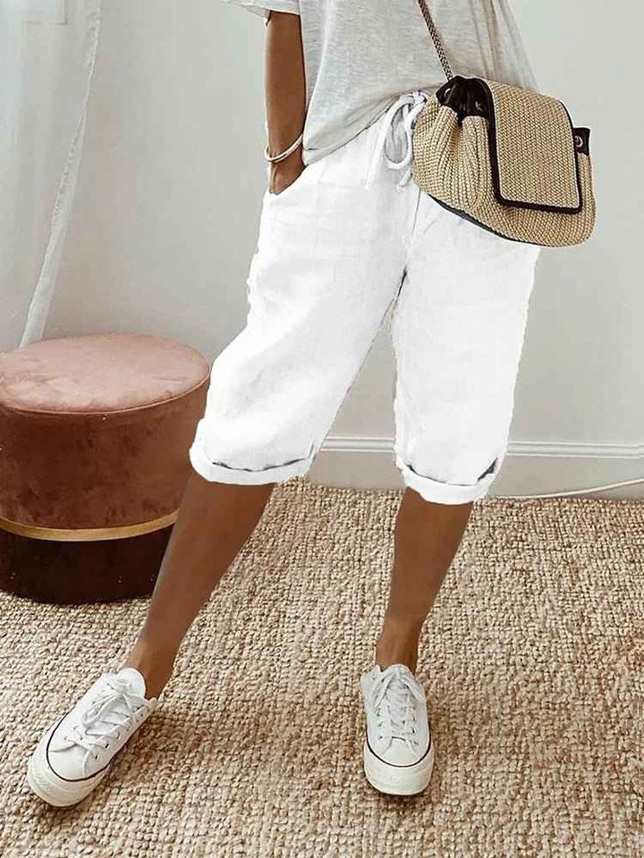 Women's Relaxed Linen Cropped Trousers with Elastic Waist Drawstring White