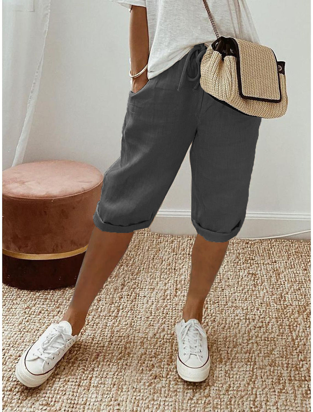 Women's Relaxed Linen Cropped Trousers with Elastic Waist Drawstring Grey