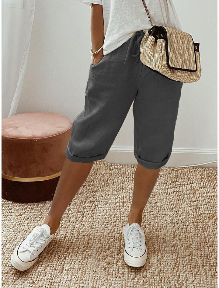 Women's Relaxed Linen Cropped Trousers with Elastic Waist Drawstring Grey