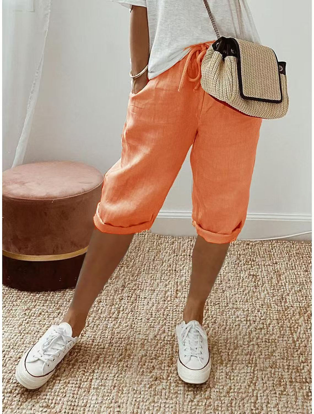 Women's Relaxed Linen Cropped Trousers with Elastic Waist Drawstring Orange