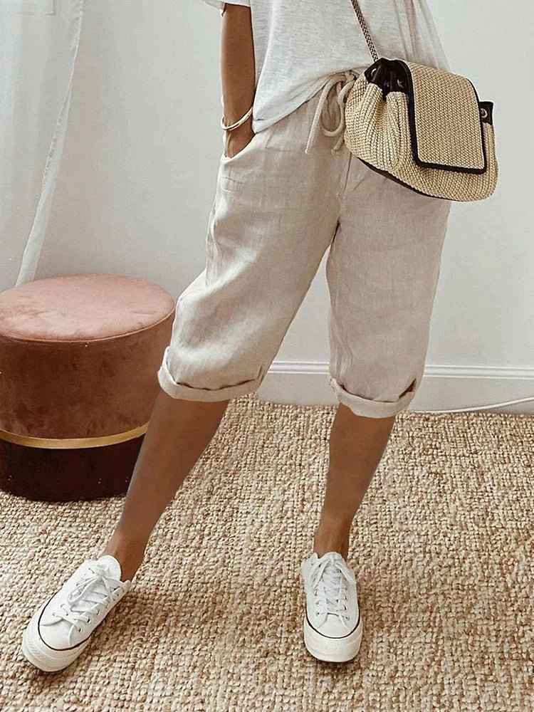 Women's Relaxed Linen Cropped Trousers with Elastic Waist Drawstring Beige