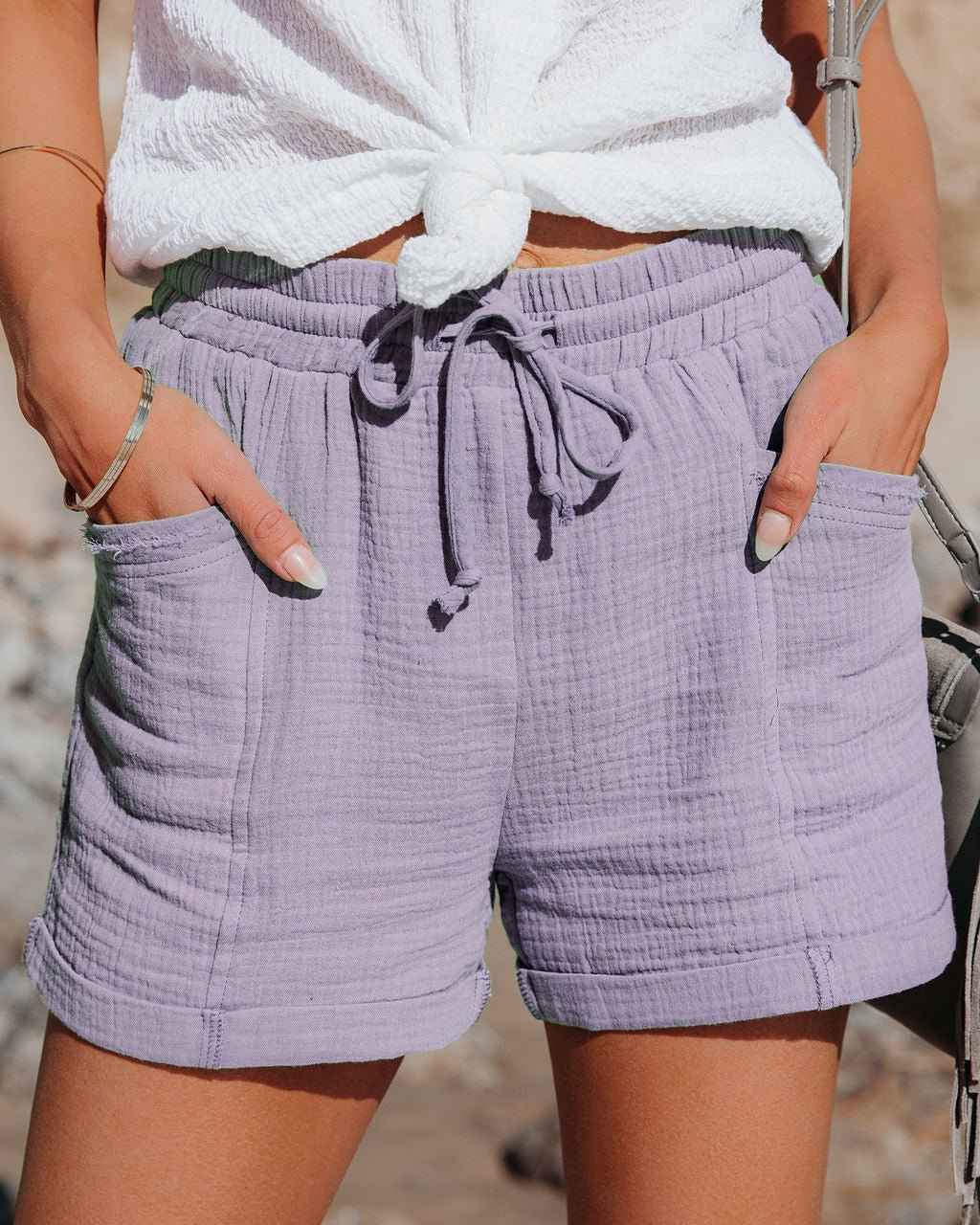 Women's Relaxed Linen Shorts with Drawstring and Side Pockets Purple