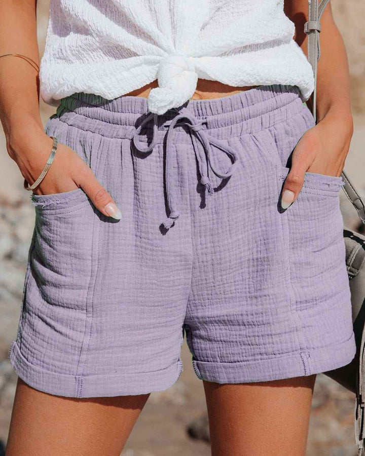 Women's Relaxed Linen Shorts with Drawstring and Side Pockets Purple