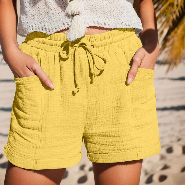 Women's Relaxed Linen Shorts with Drawstring and Side Pockets Yellow