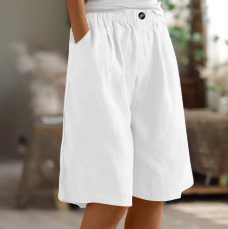 Women's Relaxed Linen Shorts with Elastic Waist and Pockets White