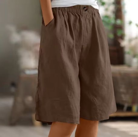 Women's Relaxed Linen Shorts with Elastic Waist and Pockets Brown