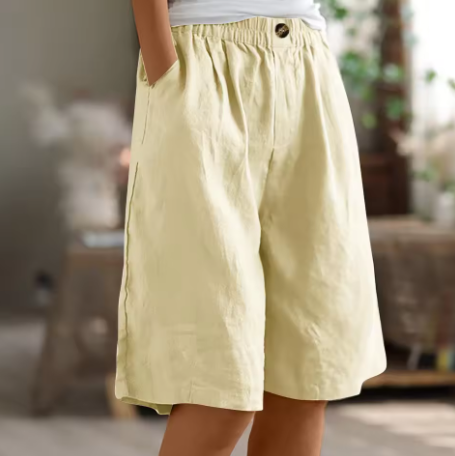 Women's Relaxed Linen Shorts with Elastic Waist and Pockets Beige