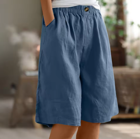 Women's Relaxed Linen Shorts with Elastic Waist and Pockets Blue
