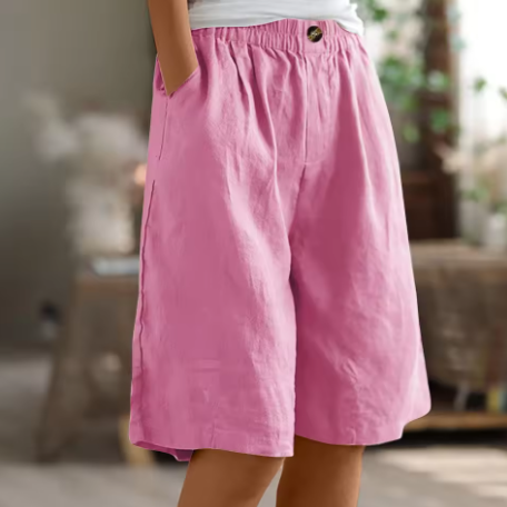 Women's Relaxed Linen Shorts with Elastic Waist and Pockets Pink