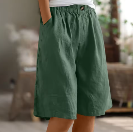 Women's Relaxed Linen Shorts with Elastic Waist and Pockets Green