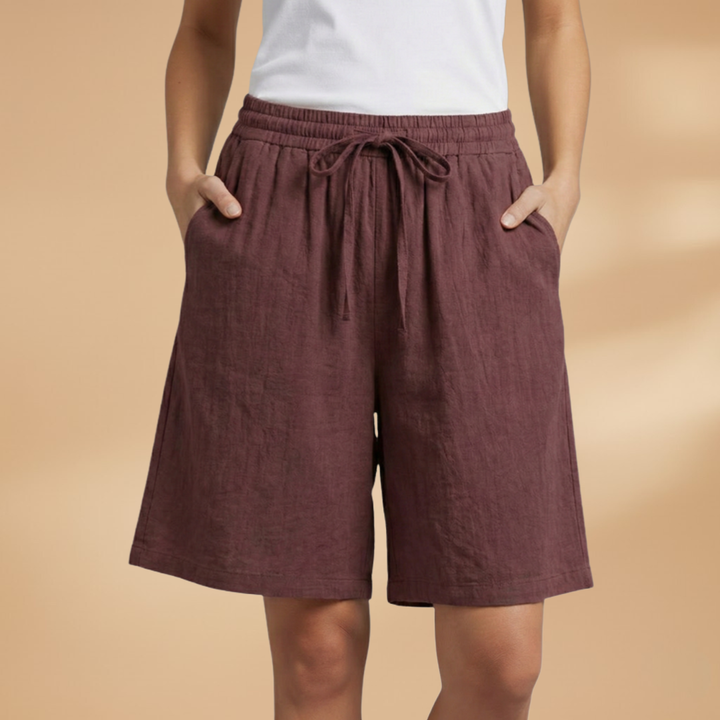 Women's Relaxed Linen Shorts with Elastic Waist and Drawstring Coffee