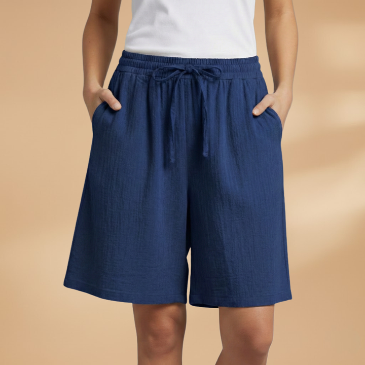 Women's Relaxed Linen Shorts with Elastic Waist and Drawstring Dark Blue