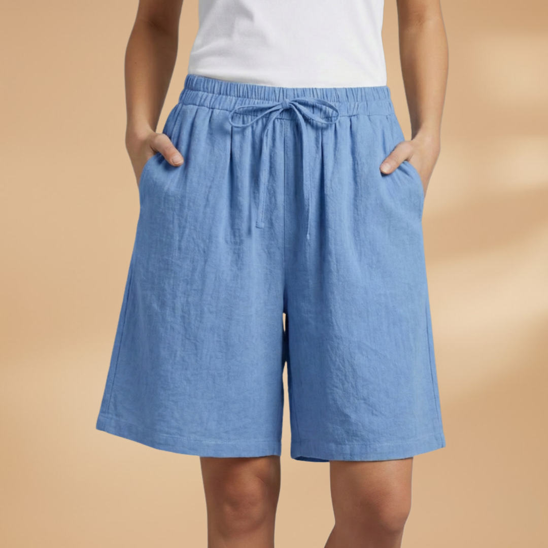 Women's Relaxed Linen Shorts with Elastic Waist and Drawstring Blue