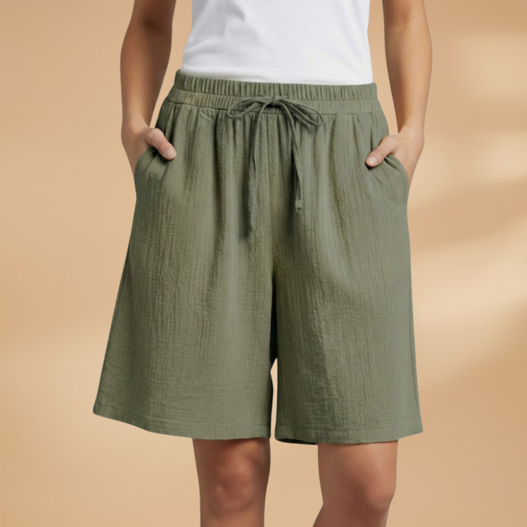 Women's Relaxed Linen Shorts with Elastic Waist and Drawstring Army Green