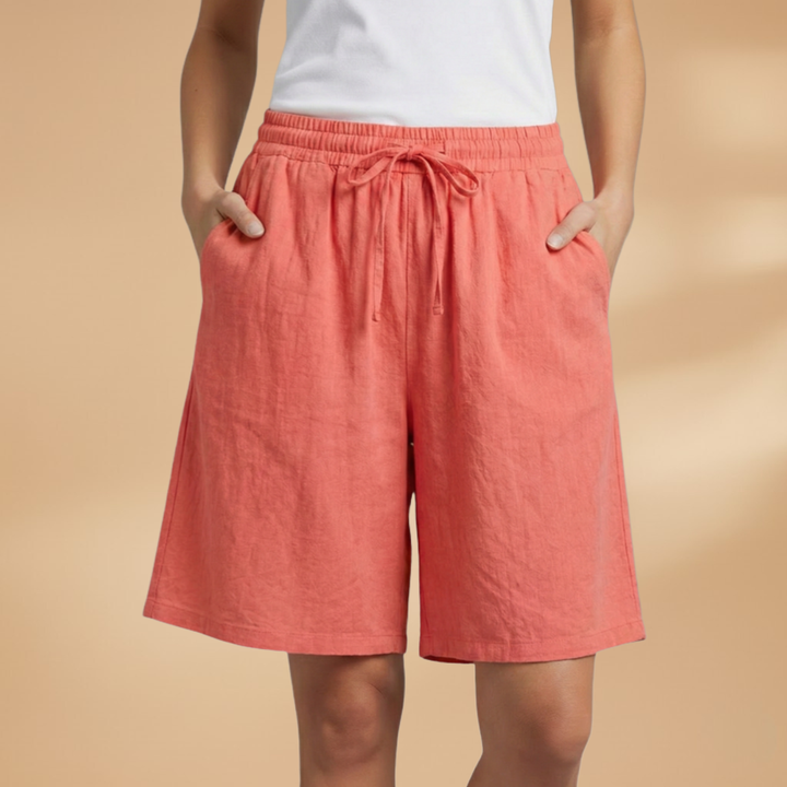 Women's Relaxed Linen Shorts with Elastic Waist and Drawstring Coral Red