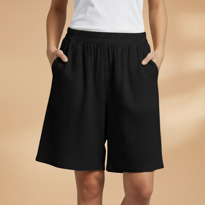 Women's Relaxed Linen Shorts with Elastic Waist and Drawstring Black