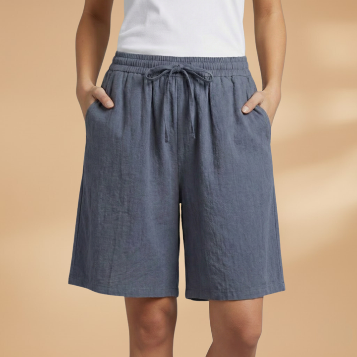 Women's Relaxed Linen Shorts with Elastic Waist and Drawstring Dark Grey