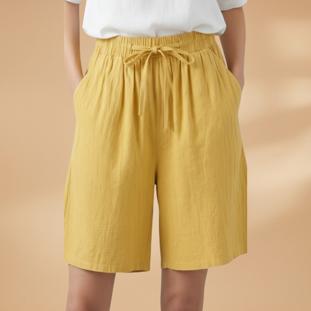 Women's Relaxed Linen Shorts with Elastic Waist and Drawstring Yellow