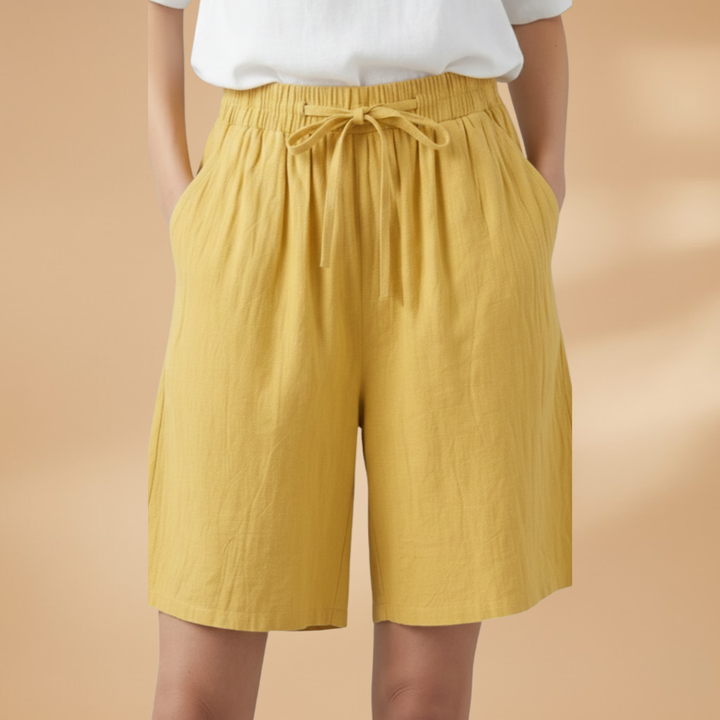 Women's Relaxed Linen Shorts with Elastic Waist and Drawstring Yellow