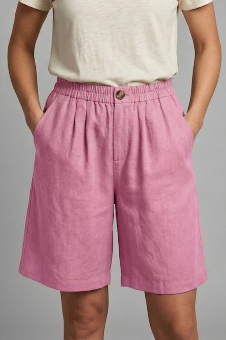 Women's Relaxed Linen Shorts with Elastic Waist and Pockets Pink