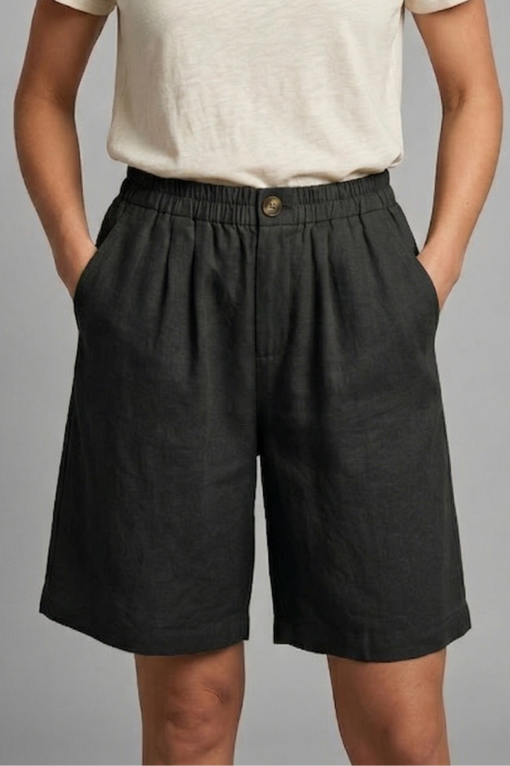 Women's Relaxed Linen Shorts with Elastic Waist and Pockets Black
