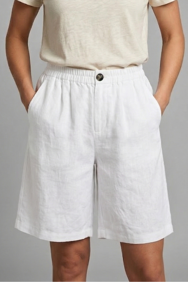 Women's Relaxed Linen Shorts with Elastic Waist and Pockets White